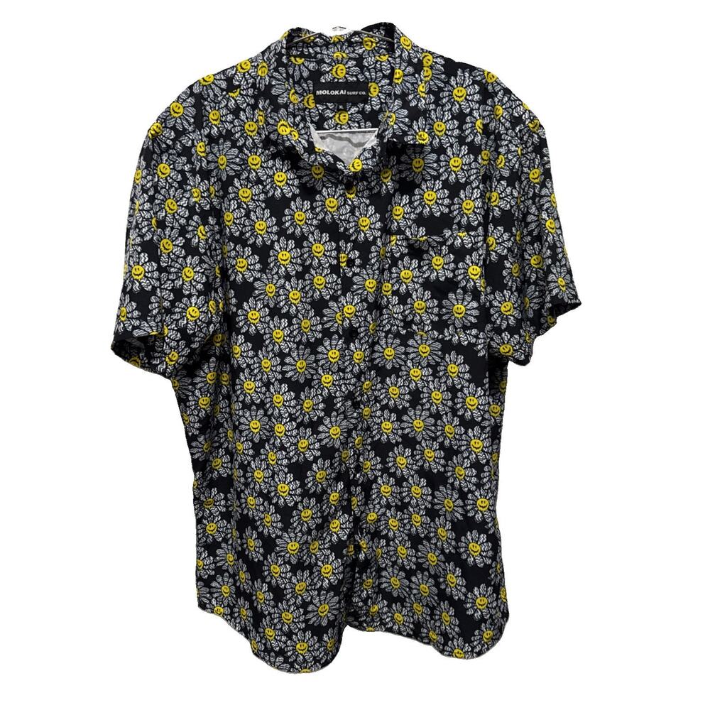 Molokai Surf Co Hawaiian Shirt Mens XL Black Flowers Melting Smiley Button-Up